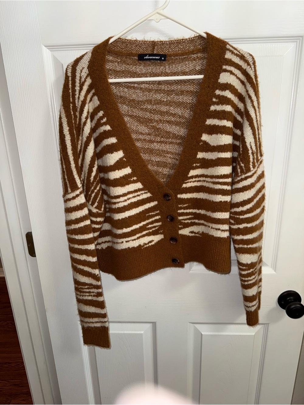 Olivaceous Women's Brown and Cream Zebra-Stripe V-Neck Cardigan